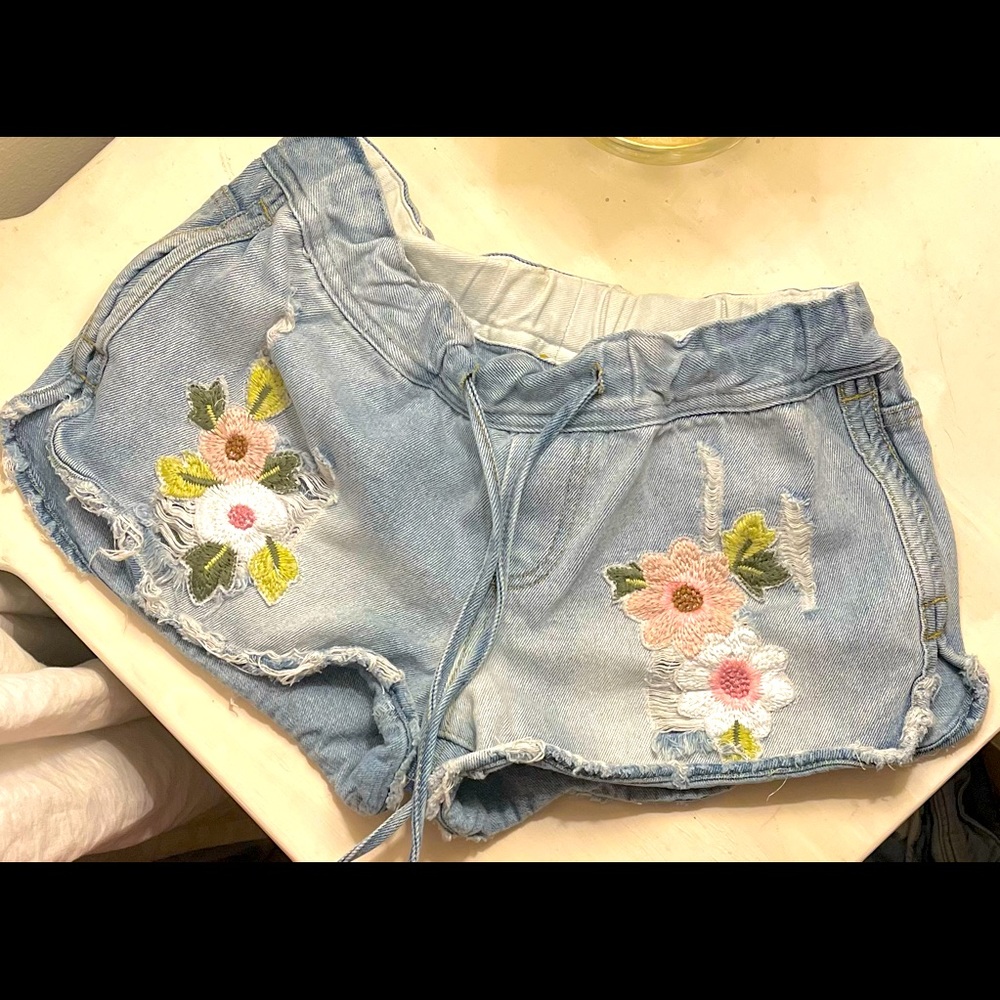 Sadie & Sage - Blue Denim Floral Embroidered Distressed Jean Shorts